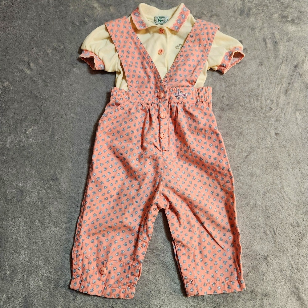 Vintage 70s Izod Lacoste Pink Paisley Overalls Shirt Set 12 Months Rare Preppy
